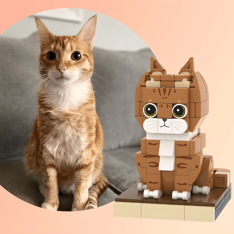 Real cat next to a LEGO cat personalized mini figure on a peach background