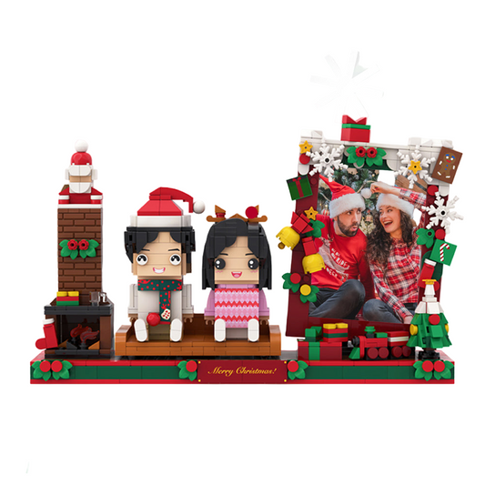 Christmas-themed custom brick figure set with characters and festive decorations on a white background