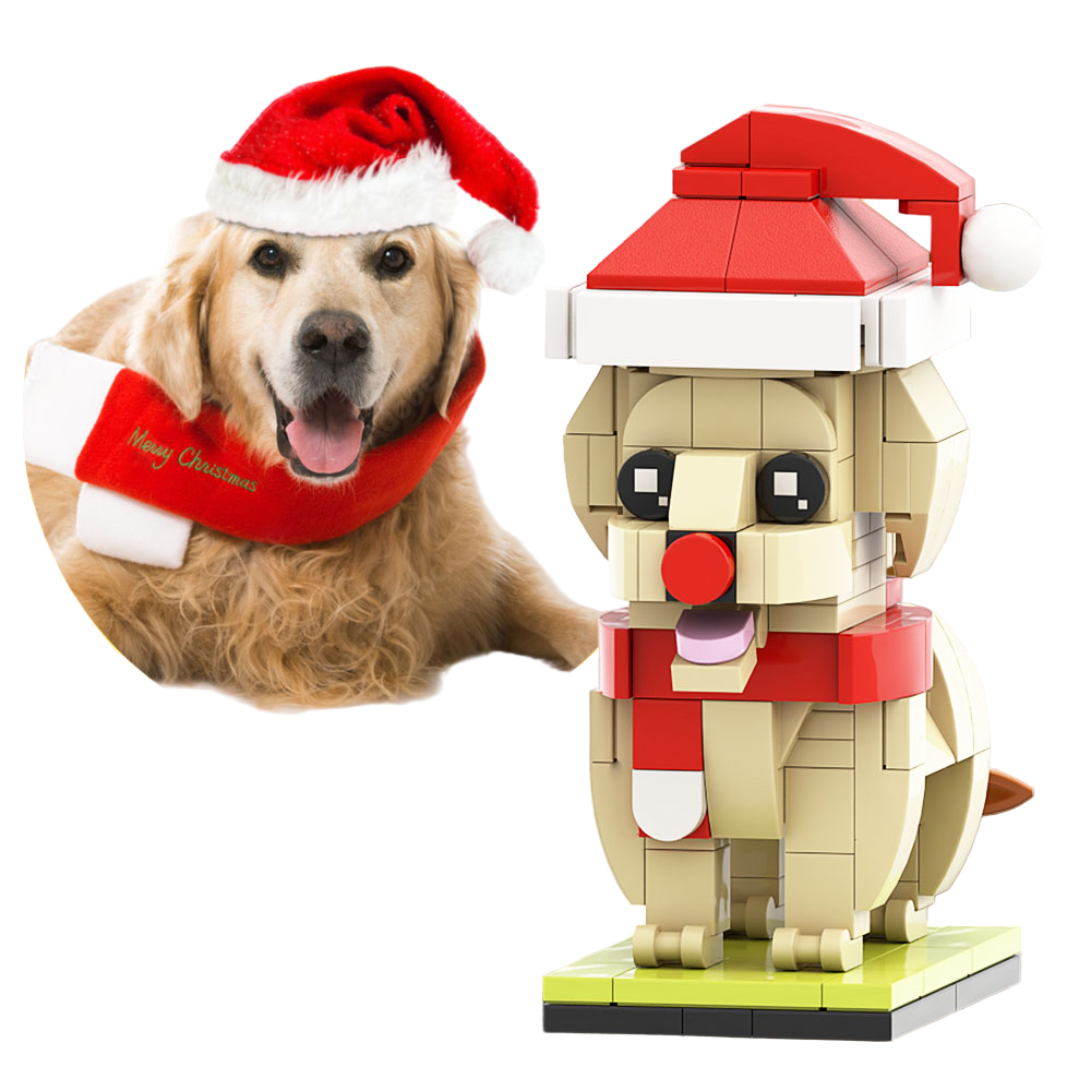 Dog wearing a Santa hat with a close-up inset, next to a custom brick dog figure in a similar outfit against a blurred background.