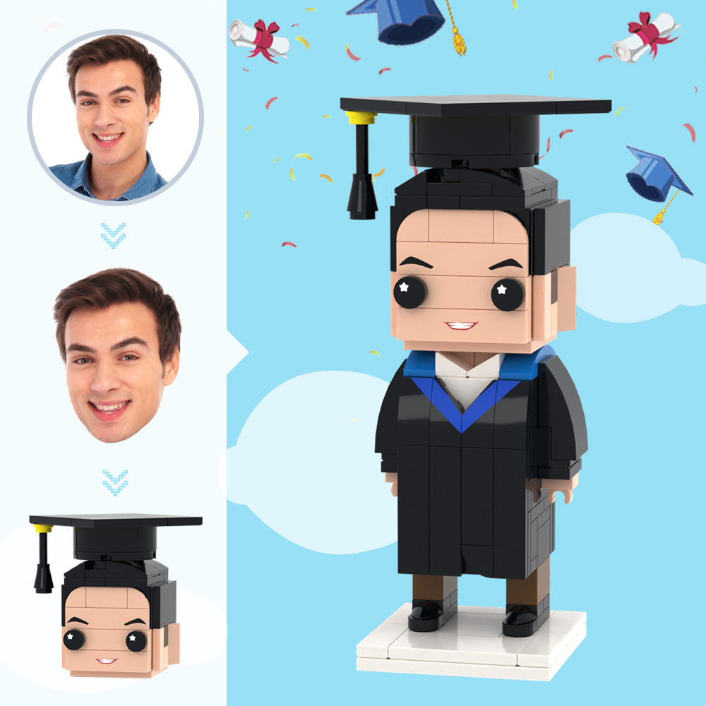 Graduation gift mini figure with customizable face, on a blue background with confetti.