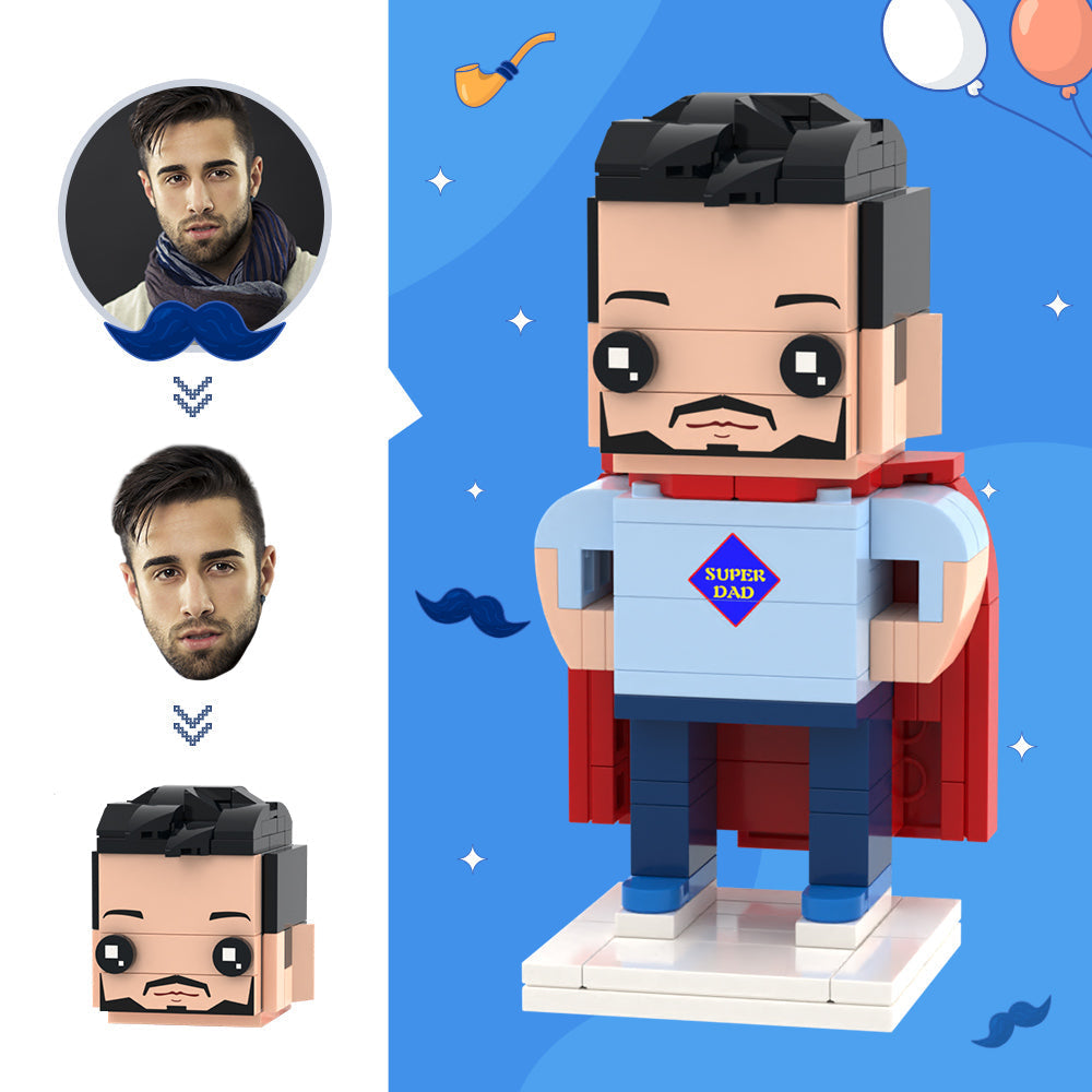super dad brick figure with cape, custom brick mini figure dad, personalised dad superhero gift