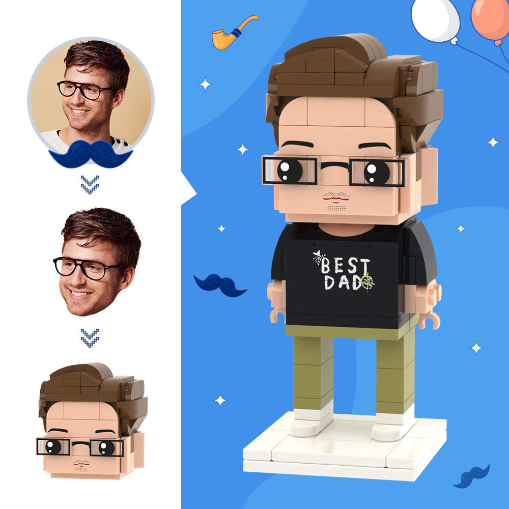 Custom Brick figure of a man wearing glasses and a 'Best Dad' shirt on a blue background with additional faces and mustaches.