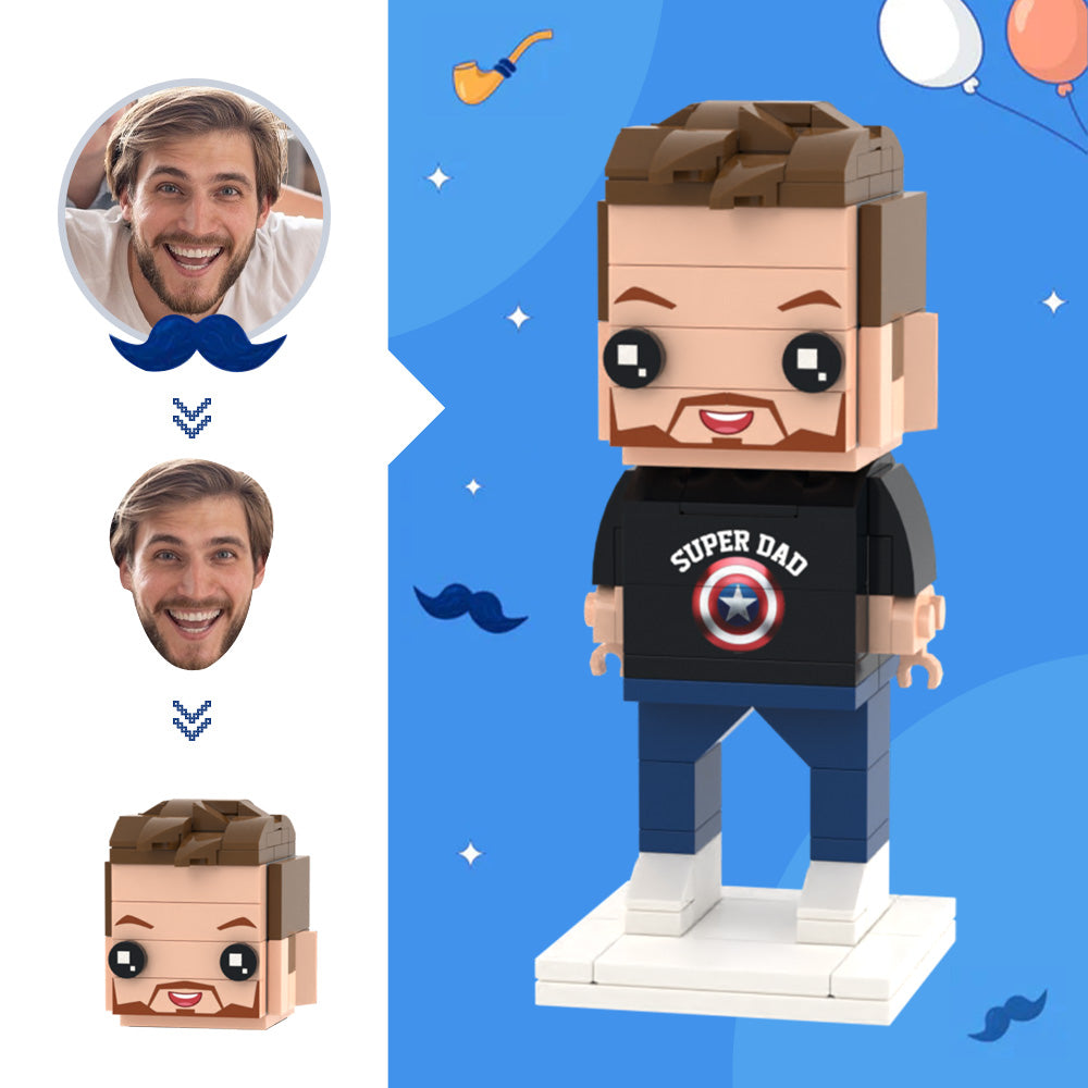 Customizable brick figure with face options and 'Super Dad' t-shirt on a blue background