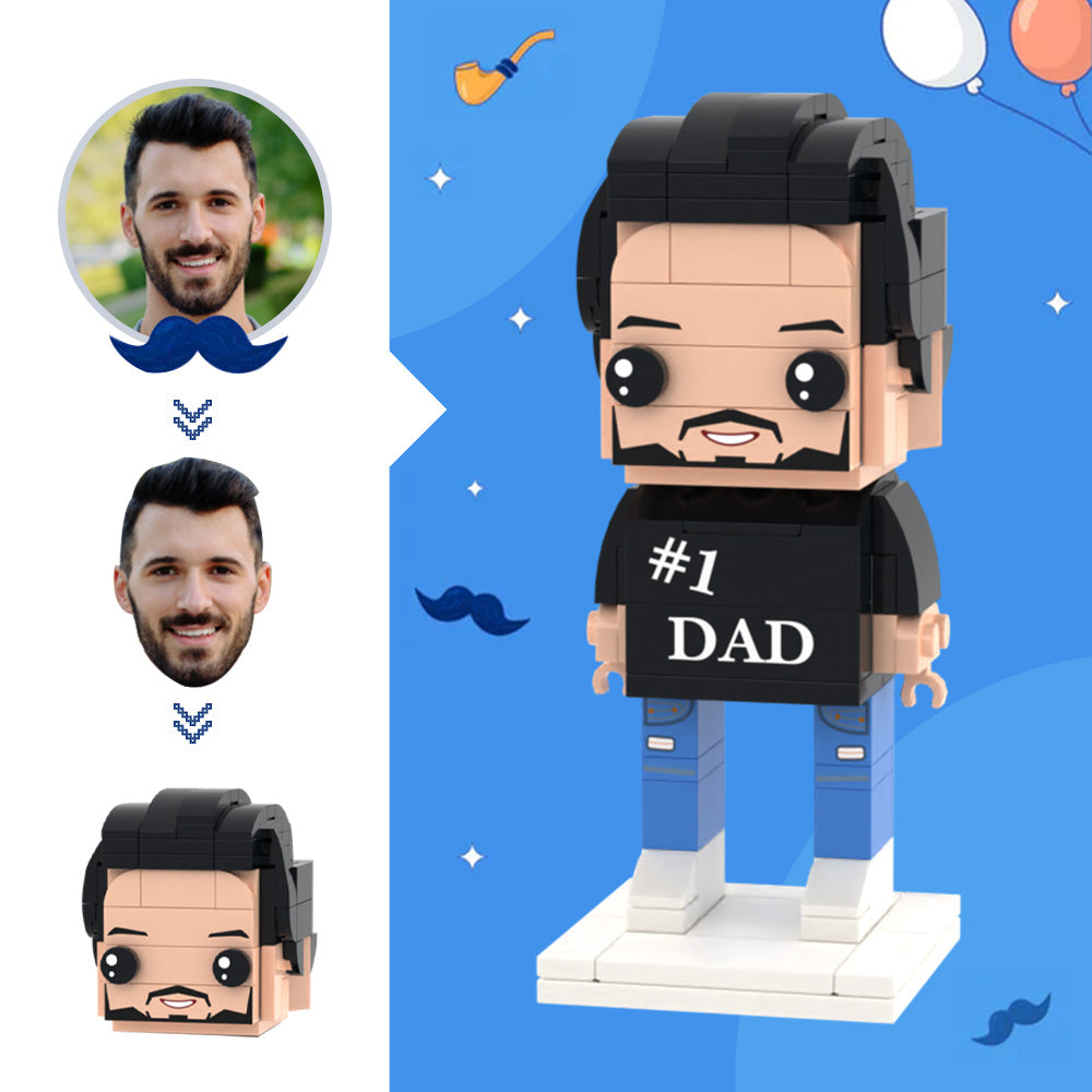 LEGO Brick-built mini figure of a man with '#1 DAD' shirt on a blue background