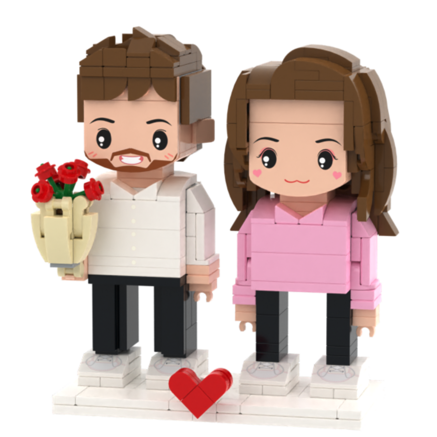 Brick figures of a man and woman with flowers and a heart on a white background