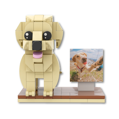 LEGO dog model with a photo stand featuring a dog in a park on a white background