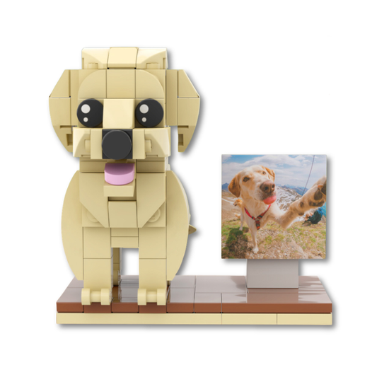 LEGO dog model with a photo stand featuring a dog in a park on a white background