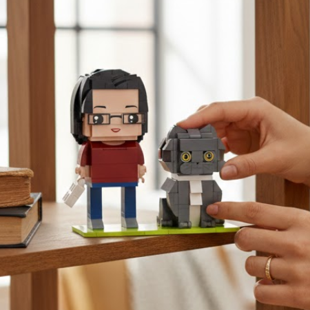 Hand holding a custom brick figure next to a person figure with glasses on a wooden surface.