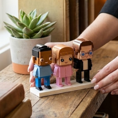 Three custom mini figurines from photo on a stand with a hand holding it, placed on a wooden surface with a plant in the background.
