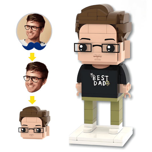 Customizable mini figure with interchangeable faces and a 'BEST DAD' shirt on a white background