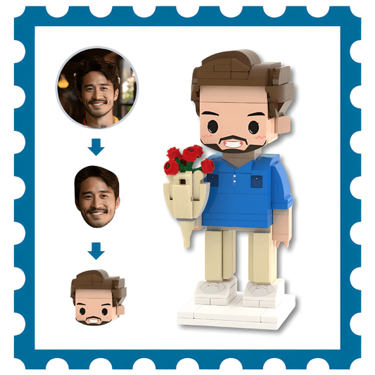 Customizable Lego style mini figure with face options and a bouquet of flowers, framed by a blue border.