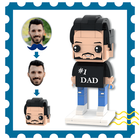 Customizable brick mini figure with interchangeable face pieces and '#1 DAD' shirt on a decorative border.