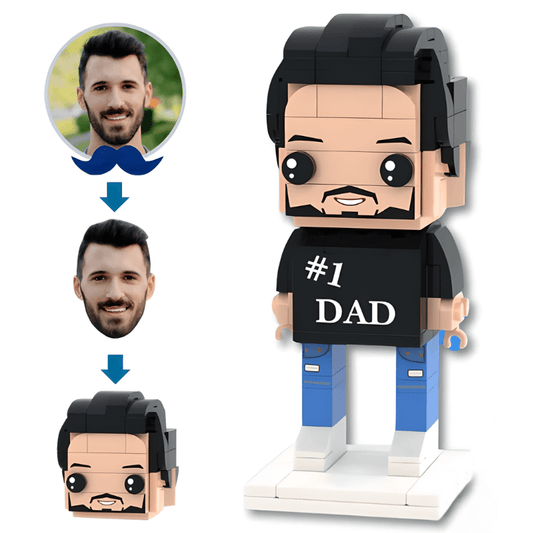 Customizable mini figure with interchangeable face pieces and '#1 DAD' shirt on a white background