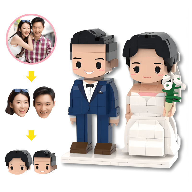 Customizable wedding couple mini figure made of interlocking bricks with face pieces included.