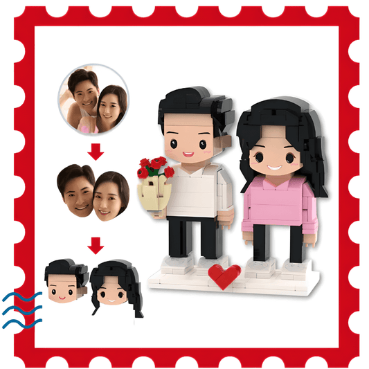 couple in love mini figure, custom brick couple with rose, romantic lego-compatible gift, 