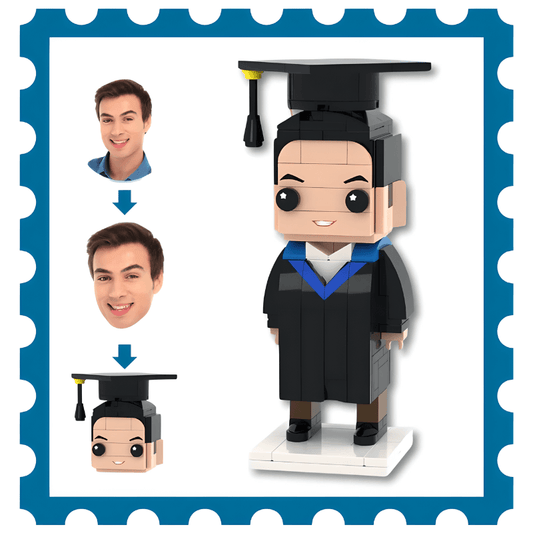 Graduation-themed lego-style mini figure with customizable face,