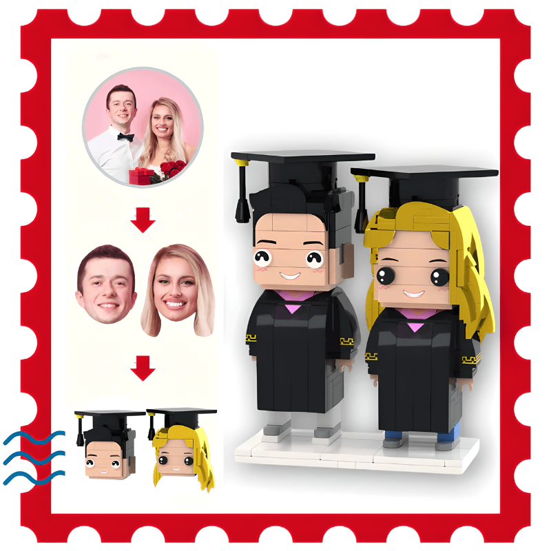 Graduation-themed Lego block figures with customizable faces, framed by a decorative border.