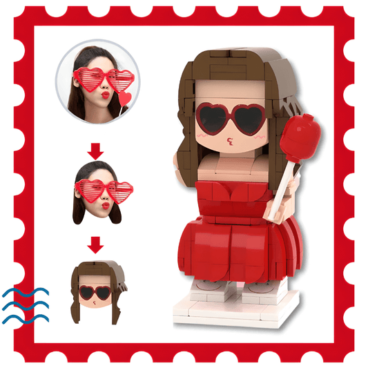 Lego style mini figure of a woman with heart-shaped sunglasses and a red dress, surrounded by smaller images and a decorative border.