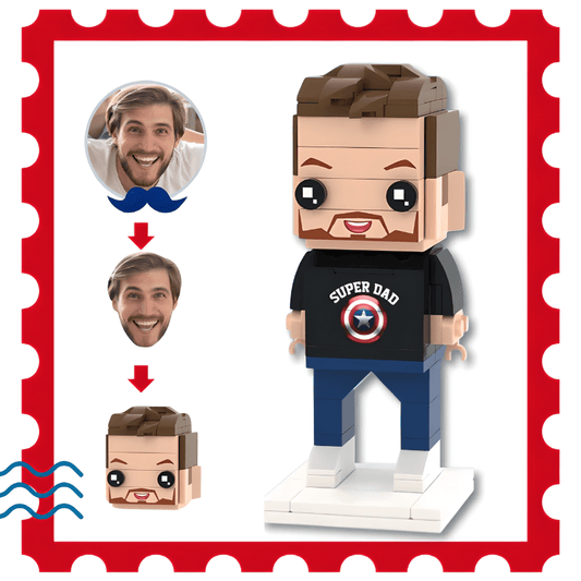 Custom brick figure with interchangeable faces on a red border