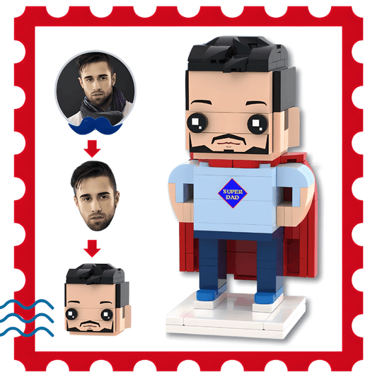 Customizable superhero dad mini brick figure with interchangeable faces 