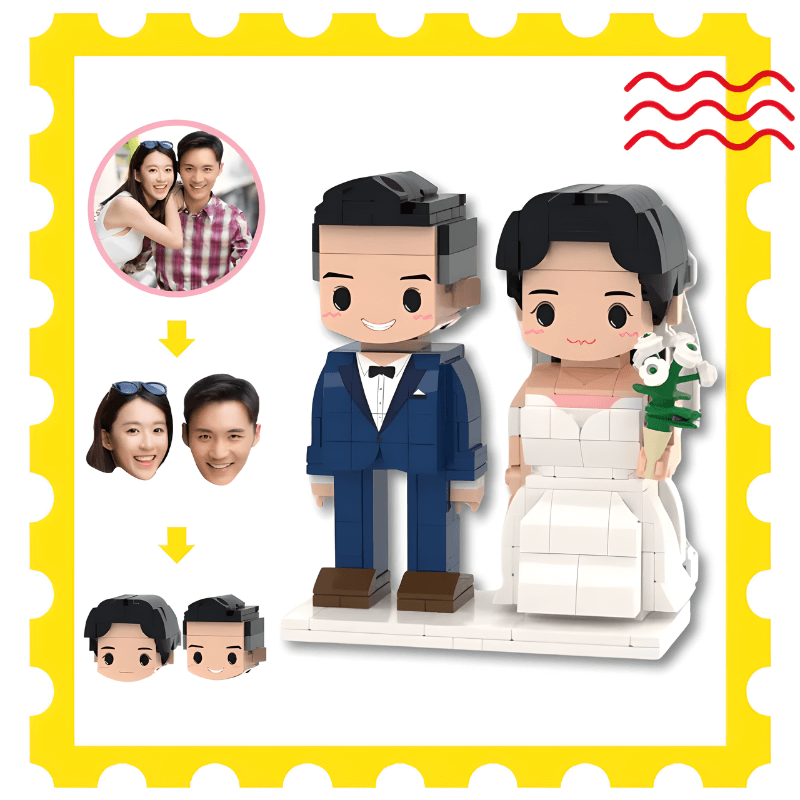 Brick-built wedding couple with customizable faces on a yellow border