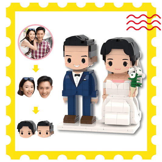 Brick-built wedding couple with customizable faces on a yellow border