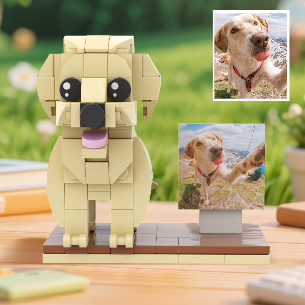 Brick-built dog model on a wooden surface with a real dog photo inset.