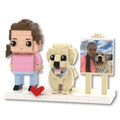 Custom brick figure set of a woman in a pink shirt and her golden retriever in a bandana, with a heart and a photo frame of the two of them