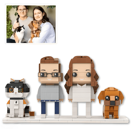custom mini figures of a couple with a cat and dog, resembling a photo of a real couple with pets.