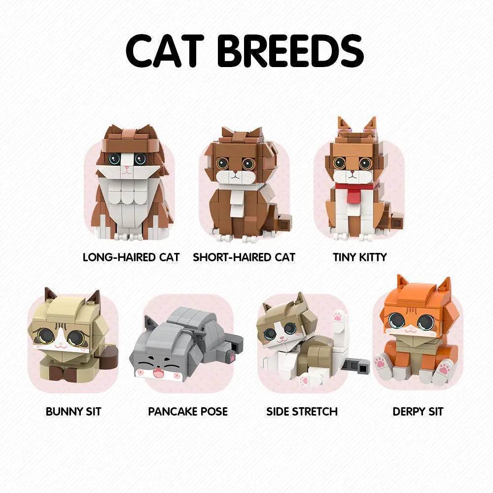 Set of cat figurines available in various poses with labels on a white background