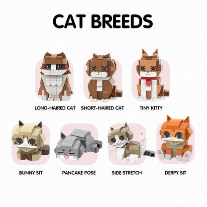 Set of cat figurines available in various poses with labels on a white background