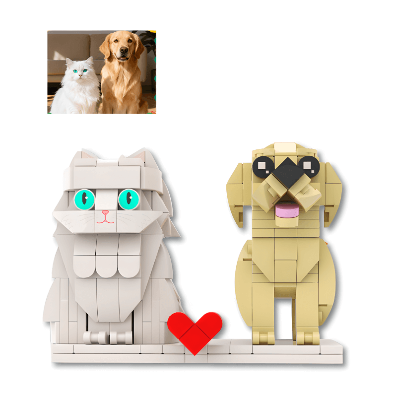 Custom brick cat and dog figures with a heart, with an inset photo of the real cat and dog
