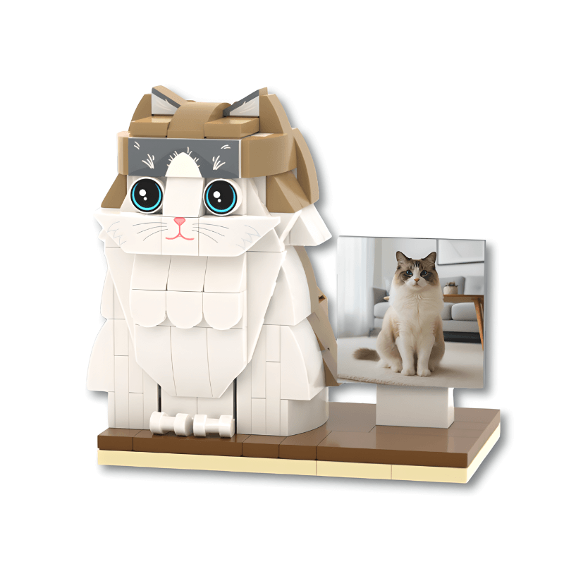 Cat-shaped building block set with a stand displaying a real cat in a living room.
