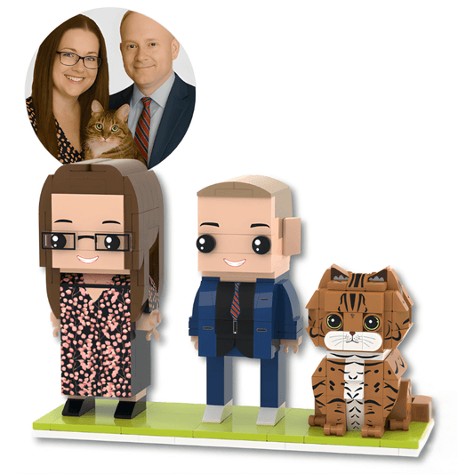 Customized mini figures of a family with a cat on a white background