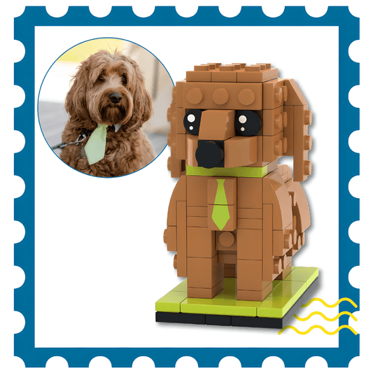 LEGO cavapoo dog custom brick figure with a real-life photo of a dog in the corner. Gift for cavapoo owner