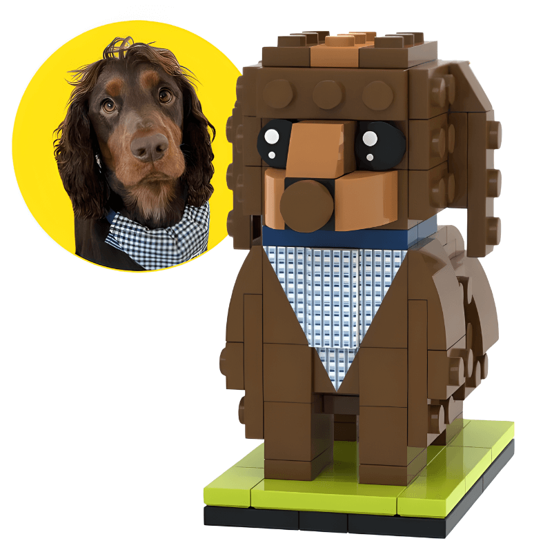 LEGO dog cocker spaniel with a close-up of a real dog's face on a yellow circle, on a white background.