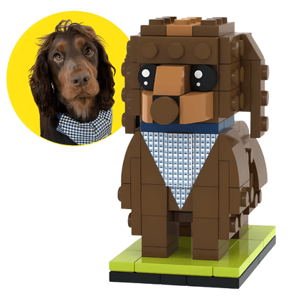LEGO dog cocker spaniel with a close-up of a real dog's face on a yellow circle, on a white background.
