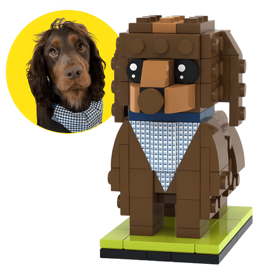 LEGO dog cocker spaniel with a close-up of a real dog's face on a yellow circle, on a white background.