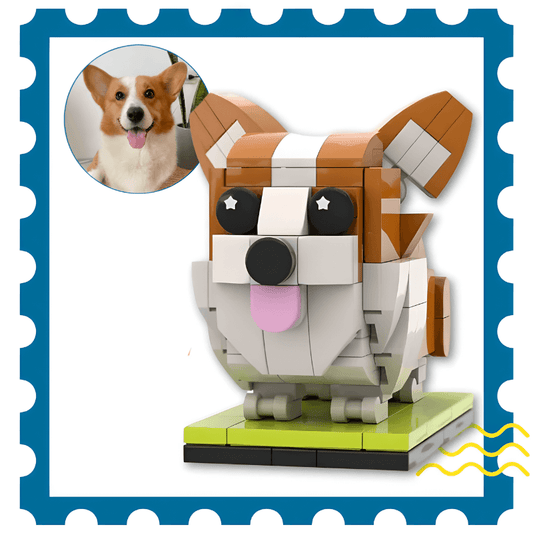 Corgi dog custom mini figure made of lego-style bricks with a real corgi photo showing before and after