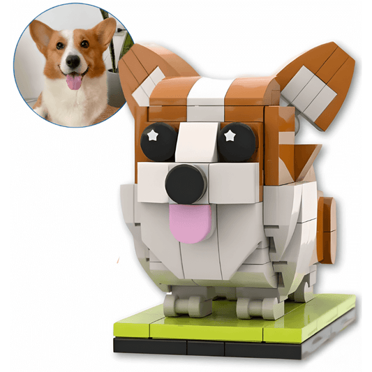 LEGO dog model with a real corgi photo inset on a white background