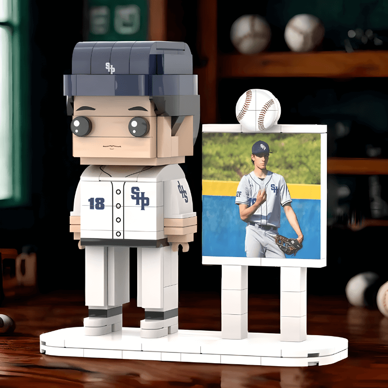 Baseball-themed custom mini figure with a display stand showing a baseball player in uniform.