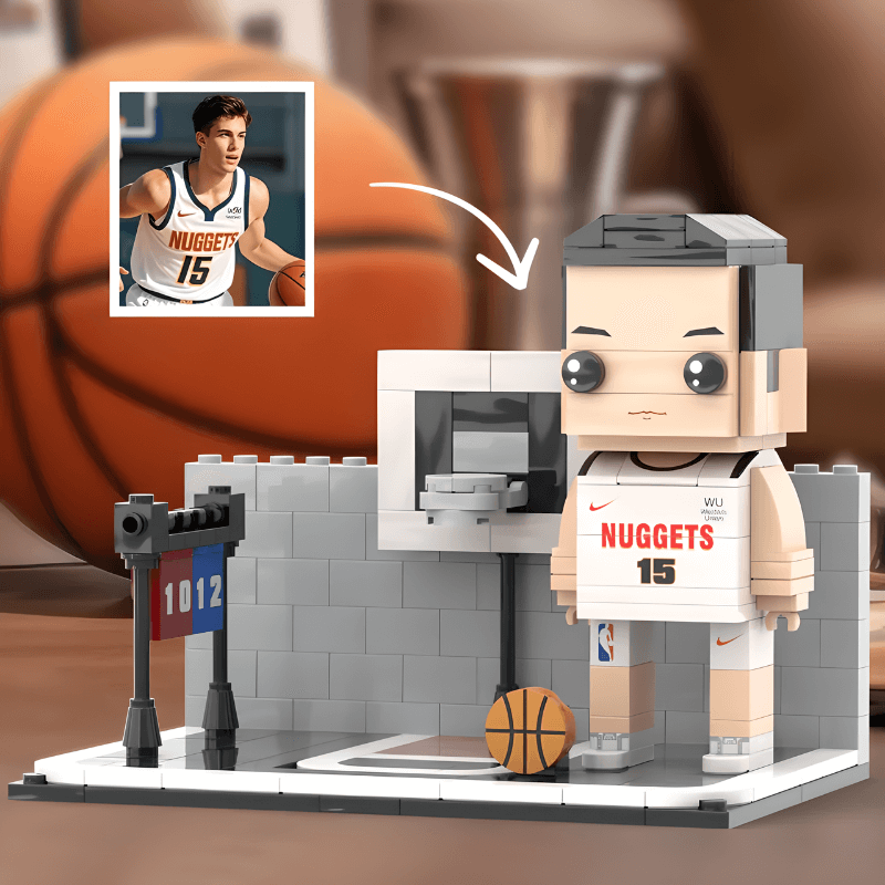 LEGO mini figure of a basketball player in a sports setting with a basketball and court elements.
