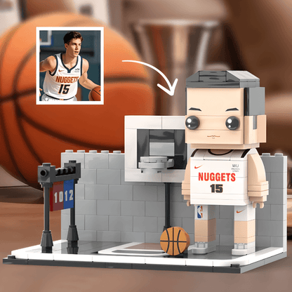 LEGO mini figure of a basketball player in a sports setting with a basketball and court elements.