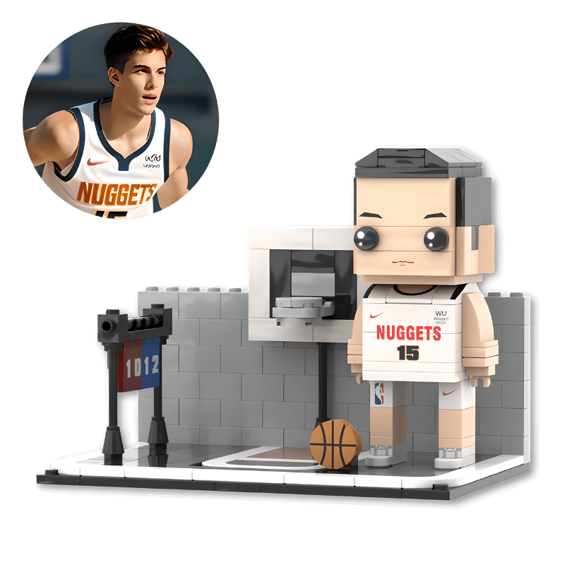 Custom mini figure of a basketball player in a Nuggets jersey with a portrait of the player on a blue border.