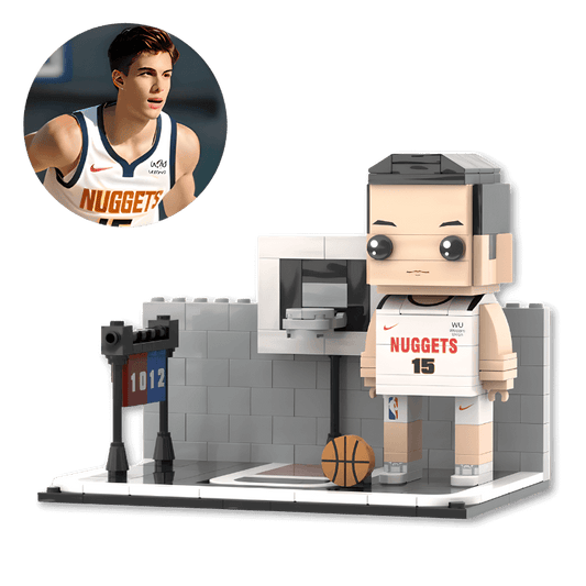 Custom mini figure of a basketball player in a Nuggets jersey with a portrait of the player on a blue border.