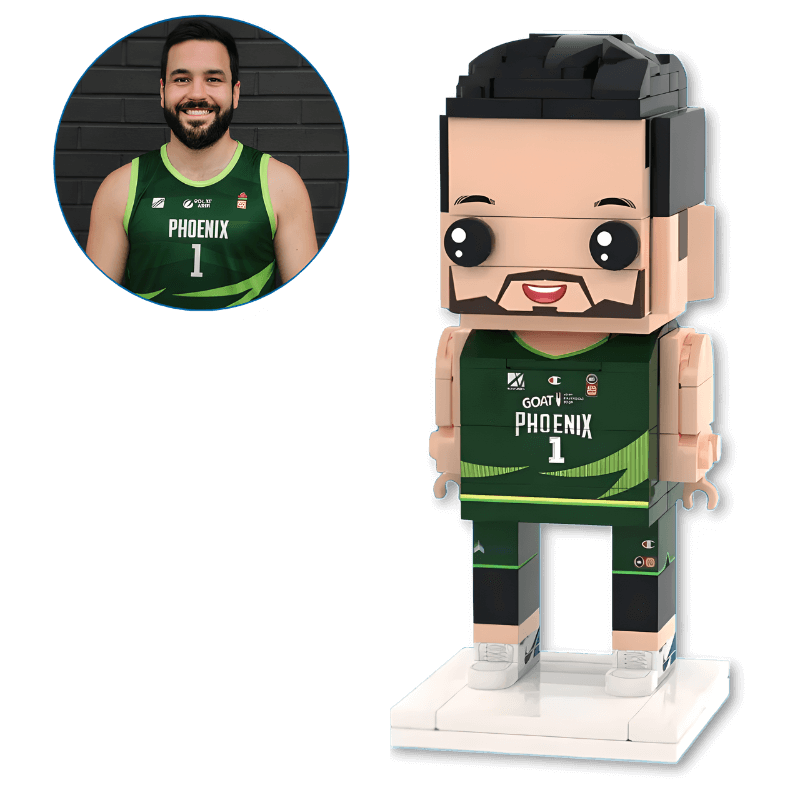 Brick custom mini figure of a basketball player in a matching jersey next to a photo of the player.