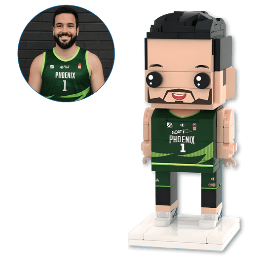Brick custom mini figure of a basketball player in a matching jersey next to a photo of the player.