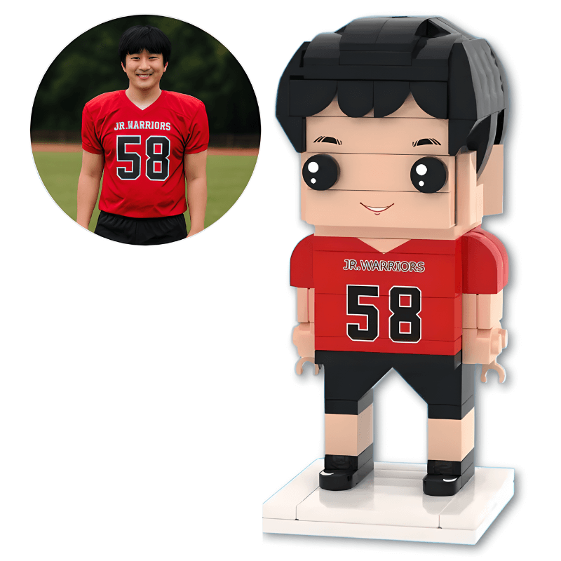 Brick-built figure of a football player in a red jersey with the number, resembling a real-life player.