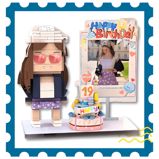 custom birthday gift idea, lego birthday cake set with custom brick figure