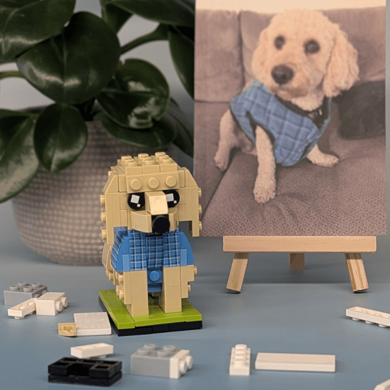 Brick-built dog figure in a blue outfit next to a photo custom dog lego gift for humans
